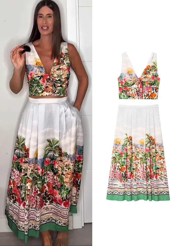 

TFMLN новые женские модные плиссированные юбки с принтом, комплекты шикарных вырезов, короткий топ без рукавов, макси-юбка, 2 шт., летние женские праздничные костюмы