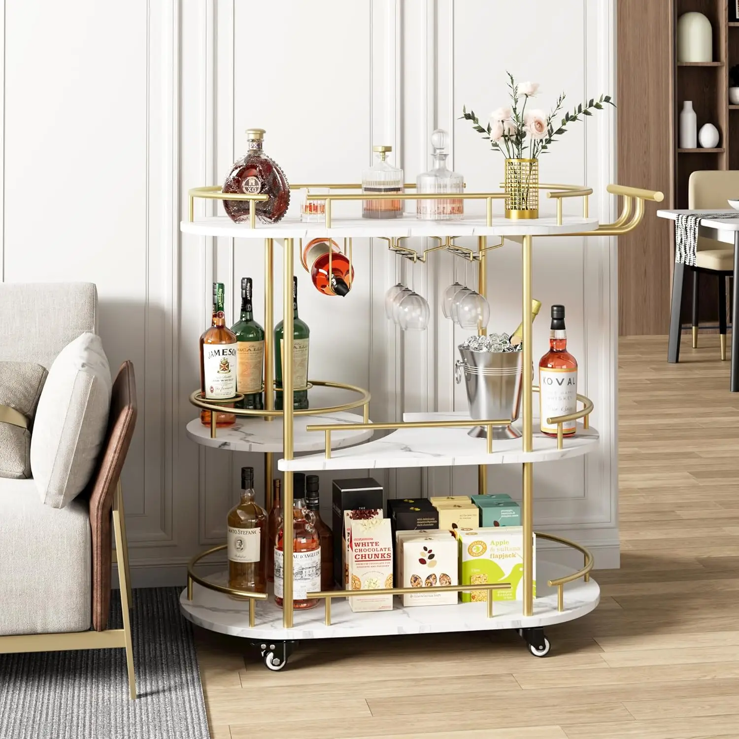 IDEALHOUSE Gold Bar Cart, 3 Tier Bar Carts for The Home, Rotated Cart Gold with Wine Rack and Glass Holder, Serving Cart