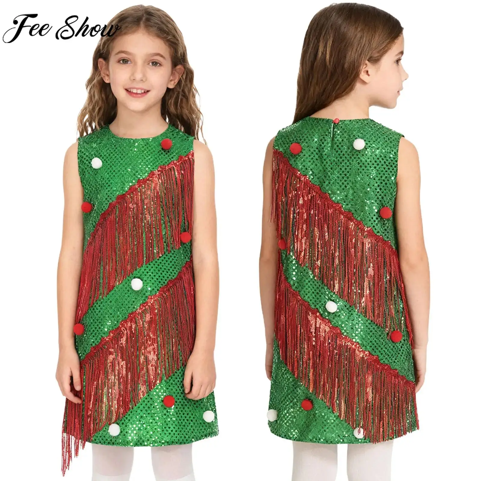 Disfraz de árbol de Navidad para niñas de 4 a 16 años, sin mangas, borlas, pompones, vestido de lentejuelas brillantes para fiesta temática de Carnaval y vacaciones de Navidad