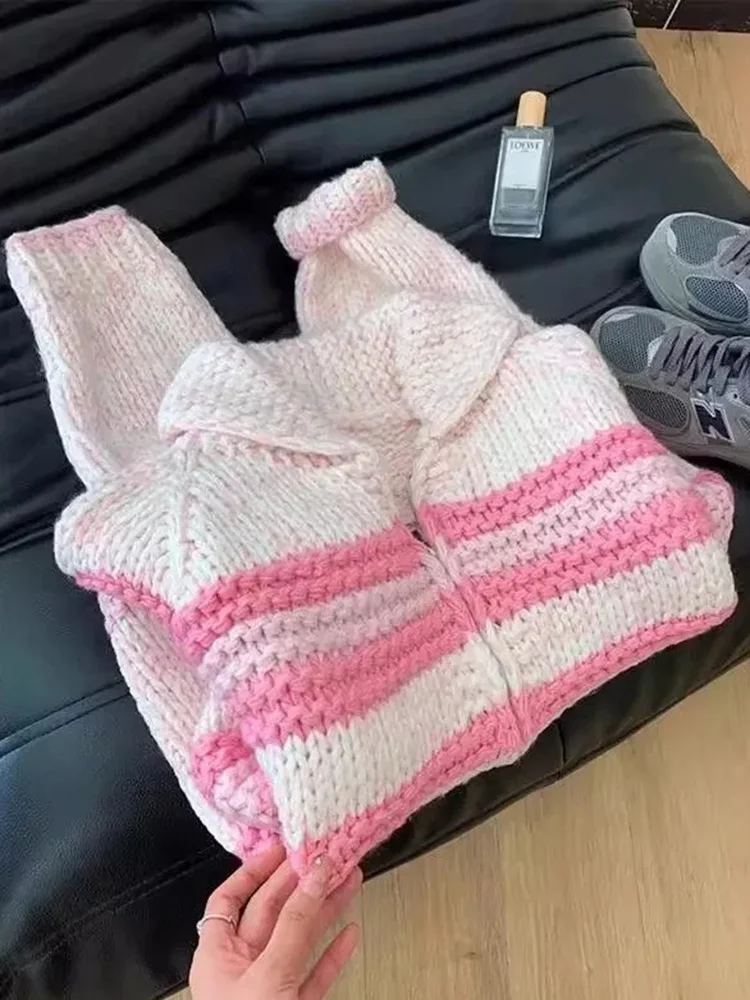 Paresseux vent femmes doux mignon Cardigan chandails Vintage rayé à manches longues lâche tricoté veste automne hiver doux chaud femmes hauts