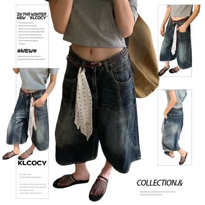 

Летние женские джинсовые шорты в американском ретро-стиле, Y2K, 2000-х, гранж, панк, джинсовые брюки до середины икры, японский стиль Харадзюку, уличная мода