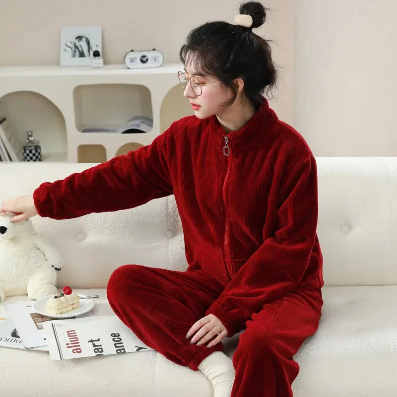 New Coral velvet Pajama Two-piece set Zipper Sleeping Sleepwear Autumn Winter Underwear Set Nightie Warm Pajamas Pyjamas Women