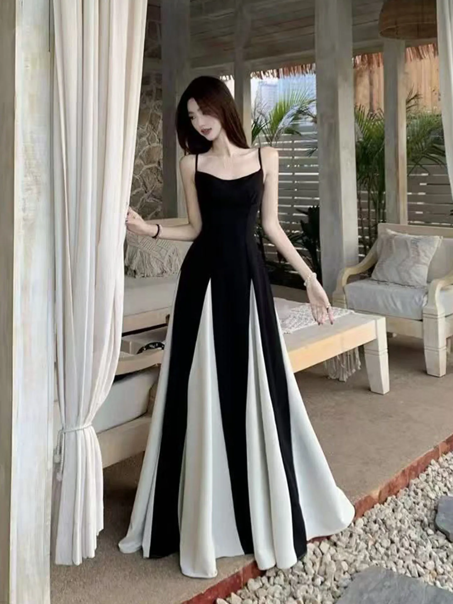 Hebe Style Black White Splicing Strap Dress Women Summer Beach Vacation High Waist A-Line Long Dress Retro Midi Skirt
