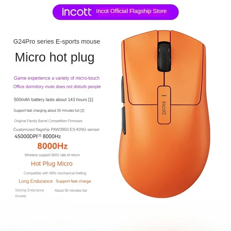 Incott G24Pro Low Delay Wireless Bluetooth Mouse Dual Mode Paw3395 Sensor Hot Swap Ergonomics Lightweight Gaming Accessories