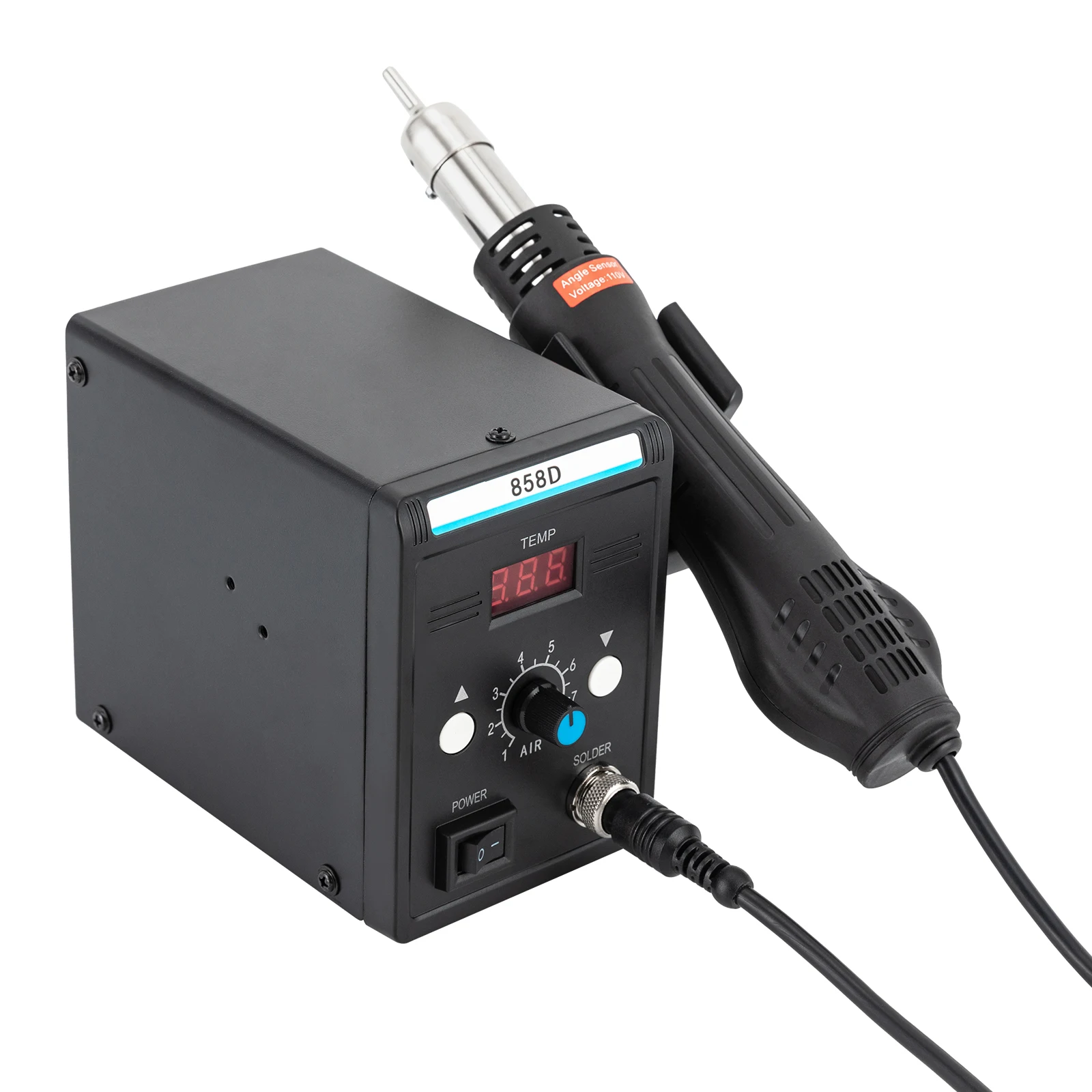 สถานีบัดกรีแบบใช้ลมร้อน 220v 858d SMD พร้อมจอแสดงผลดิจิตอล LED  พร้อมหัวเป่าลมร้อน 3 แบบสำหรับงานบัดกรีและถอดบัดกรี