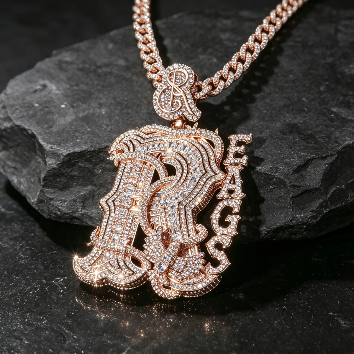 18K Gold Plated Hip Hop Bling Charm Gothic Alphabet Cuban Chain Accessories For Rapper Wear Party Daily Stage Jewel Oversized Shiny Stone Diamond Fine Jewelry Gifts for Men Boy Friends Iced Out Full Paved Cubic Zirconia Custom R Reagss Letter Pendant