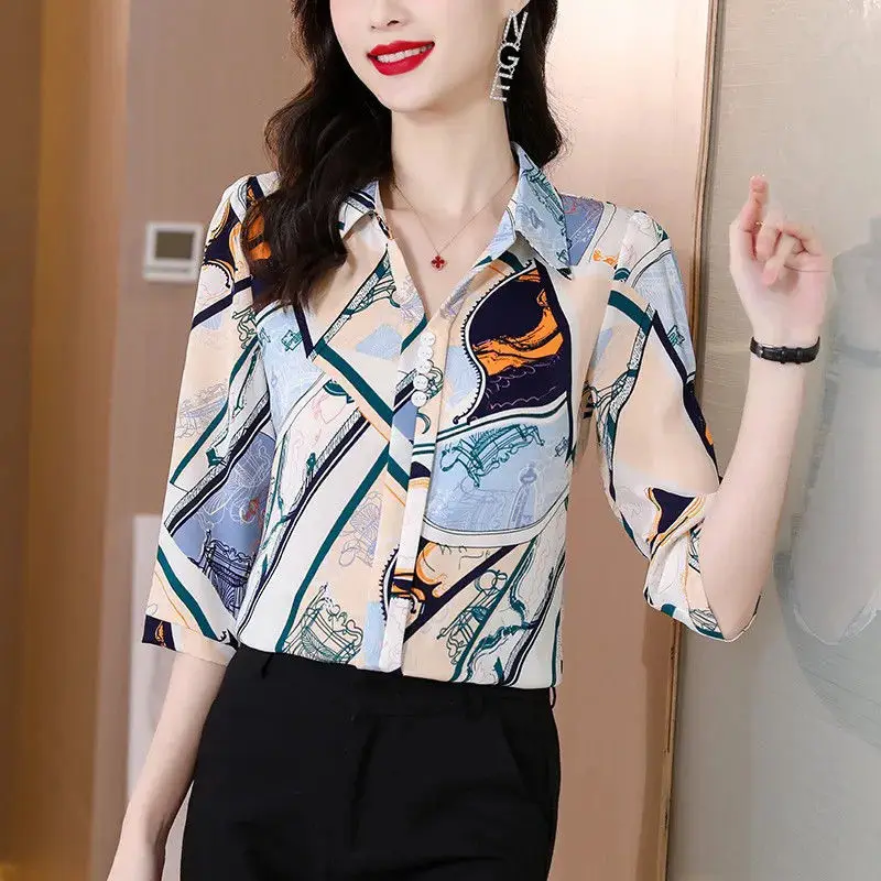 Women Print Korean Style Elegant Blouses Spring Summer Turn Down Collar 3/4 Sleeve Shirts Casual Slim Tops Blusa Mujer Moda 2023