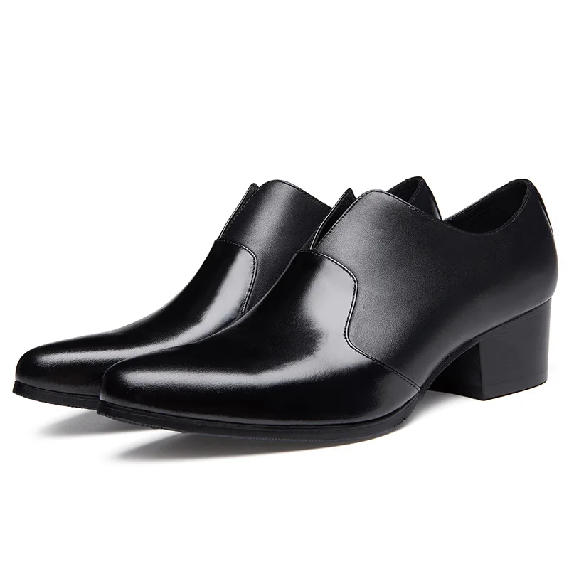 

Black Men Pointed Toe Genuine Leather Shoes 2023 Brand British Style Wedding Business Formal Wear High Heels Slip On Shoes