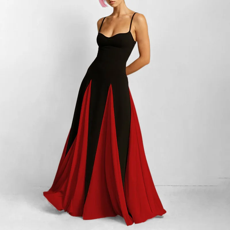 Elegant Color Block Strap Dress Spring Summer Maxi Dresses Women Casual Sundress Flowy A Line Midi Dresses