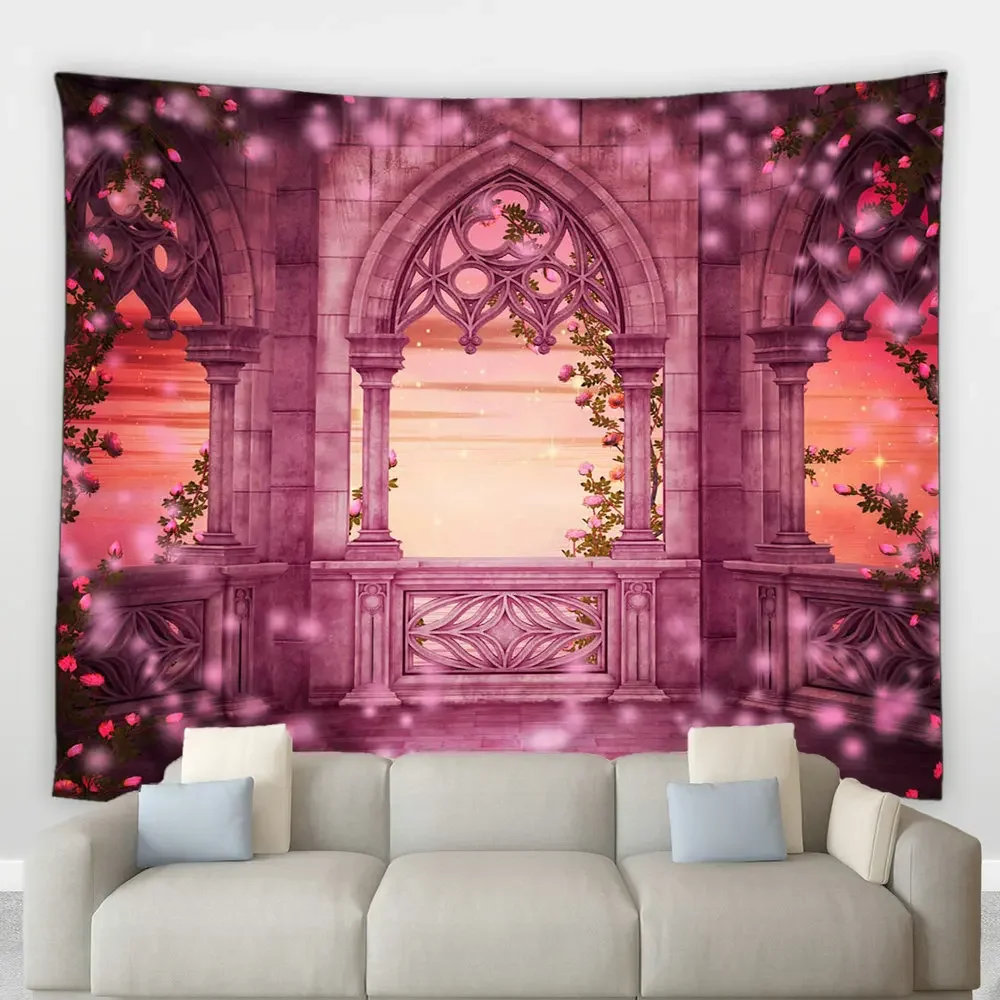 Pink Aesthetic Tapestry Arched Building Doors Windows Plants Flowers Vines Psychedelic Hippie Wall Hanging Bedroom Home Decor
