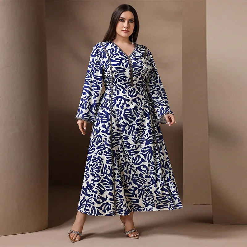 

Kyp1405 Arab Dubai Women's Printed Robe Fashion Middle East New plus Size Dress