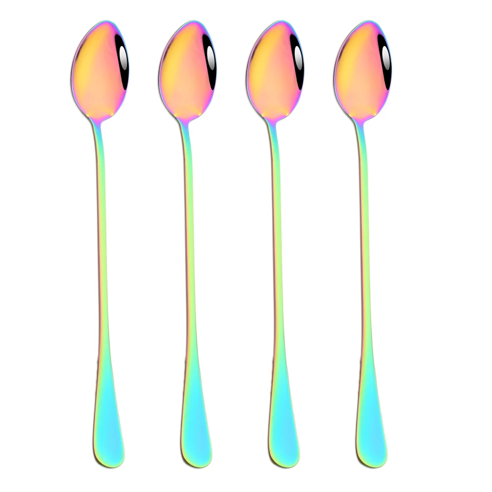 4Pcs Rainbow Stainless Steel Long Handle Ice Spoon Dinnerware Milk Mixing Stirring Spoon Teaspoon Coffee Spoon Tableware Tool