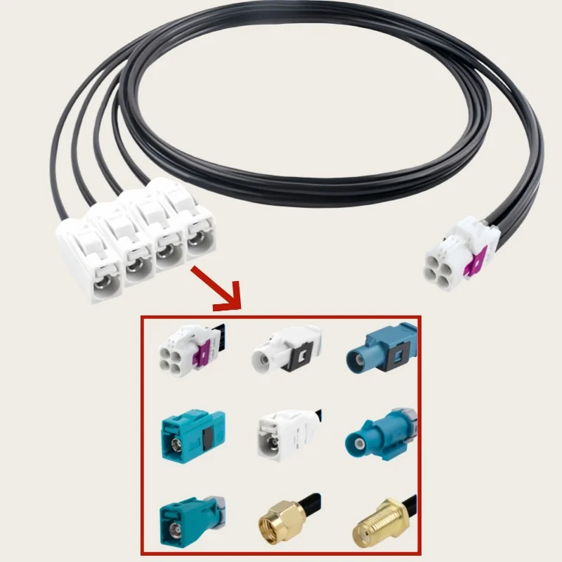 

Адаптер Rosen Mini Fakra 4-в-1: HFM Type B (гнездо) на FAKRA/SMA (штекер/гнездо) с кабелем RG174 для электроники