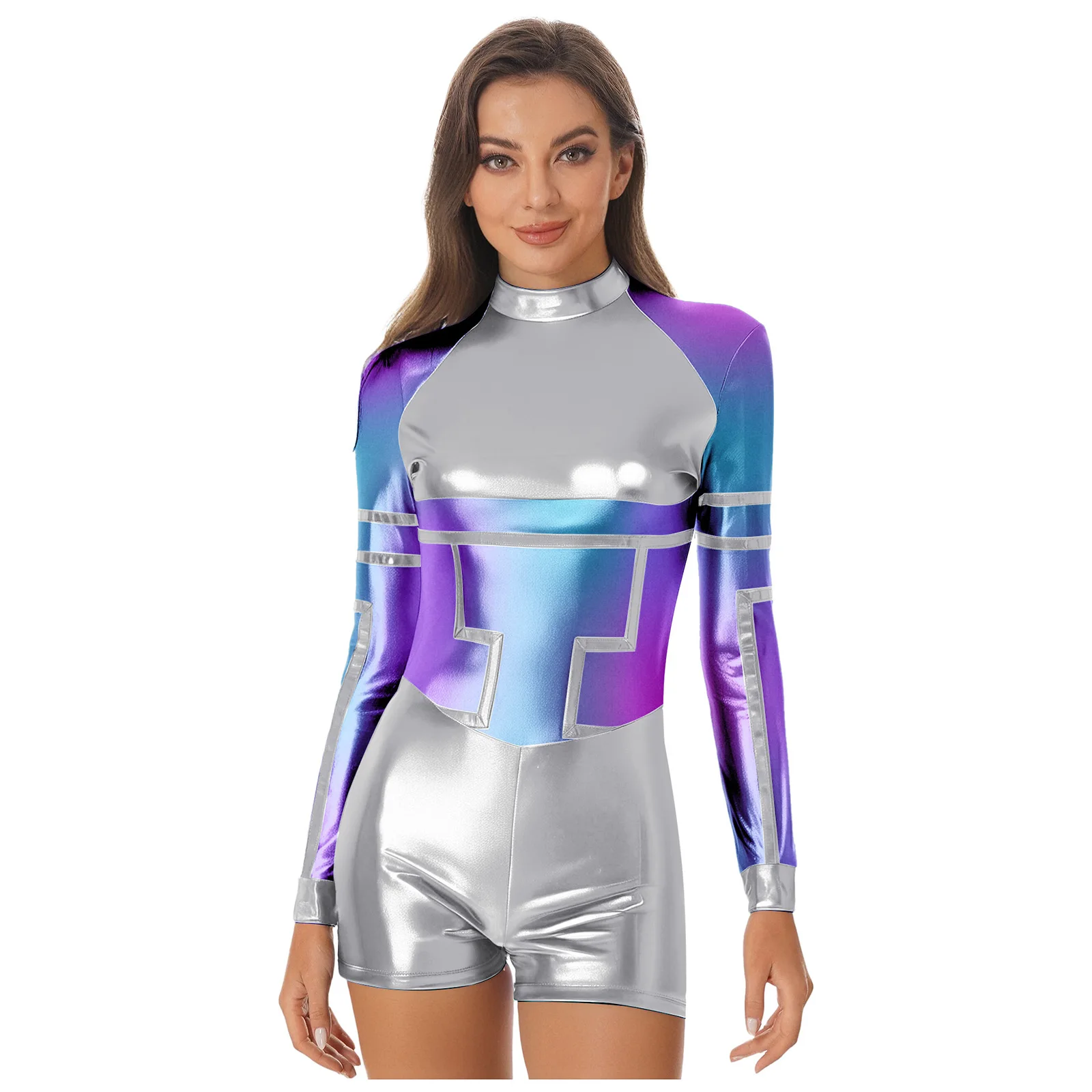 

Женские металлические костюмы инопланетянина, наряд для взрослых, космические костюмы на Хэллоуин, нарядное платье, косплей, вечерние блестящий боди космонавта