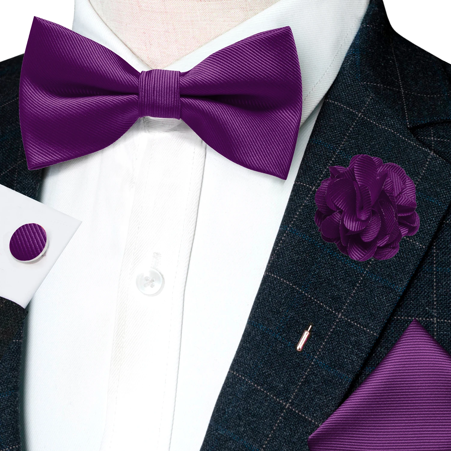 Hochzeits-Fliege für Herren, einfarbig rosa, vorgebundene Fliege, Einstecktuch, Manschettenknöpfe, Corsage-Set, Party, Business, Seiden-Schmetterlingsknoten, Geschenk – Detail 18