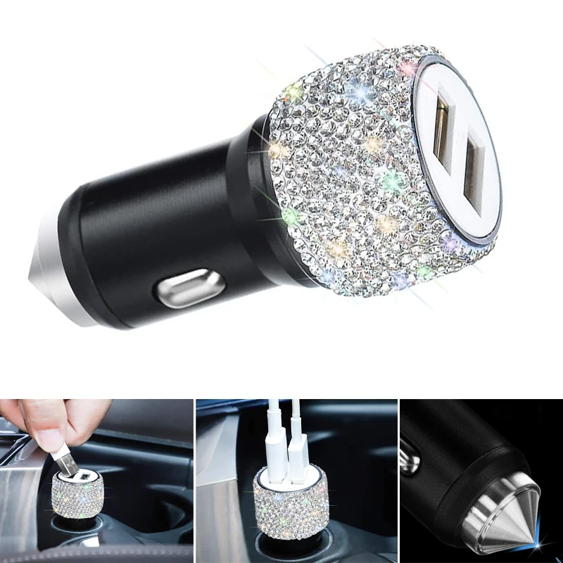 Dual USB Car Charger Bling Handmade Rhinestones Crystal Car Decors Safety Hammer Design Car Decorations Fast Charging for Phone