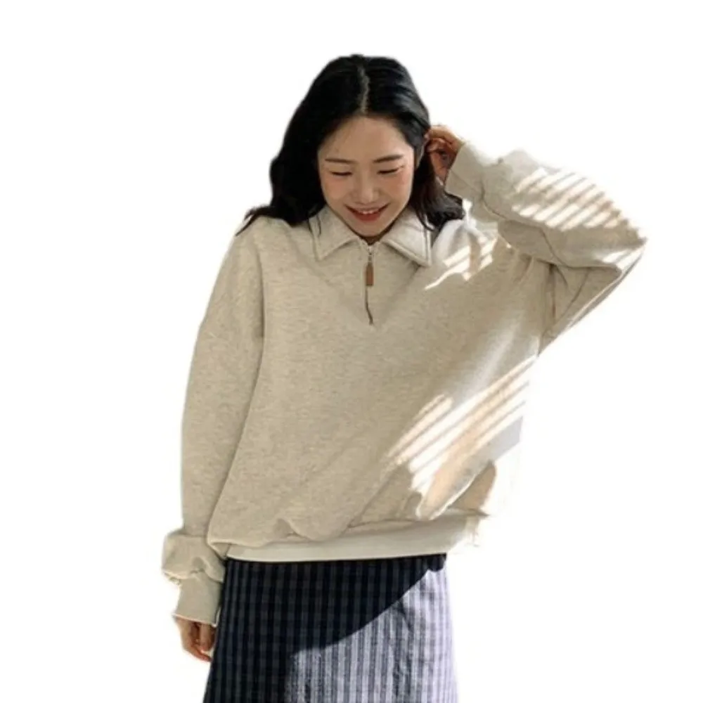 نصف الياقة العالية كم طويل سستة الكورية Ins الخريف هوديي ملابس علوية بلوزات فضفاضة للنساء الخريف/الشتاء #1