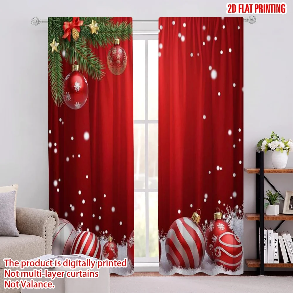 

2pcs 2D flat printing Merry Christmas Window Curtains Red Christmas present Polyester Without Electricity Party Decorations for