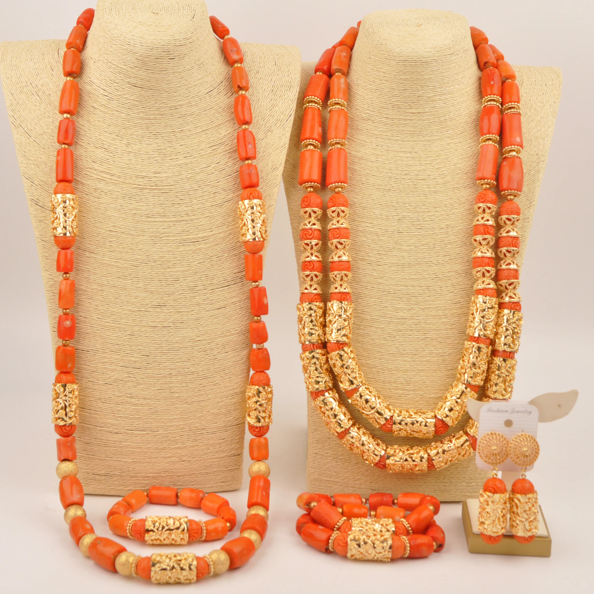 

Nigeria Orange jewelry fashion wedding couple natural coral bead necklace set in Africa
