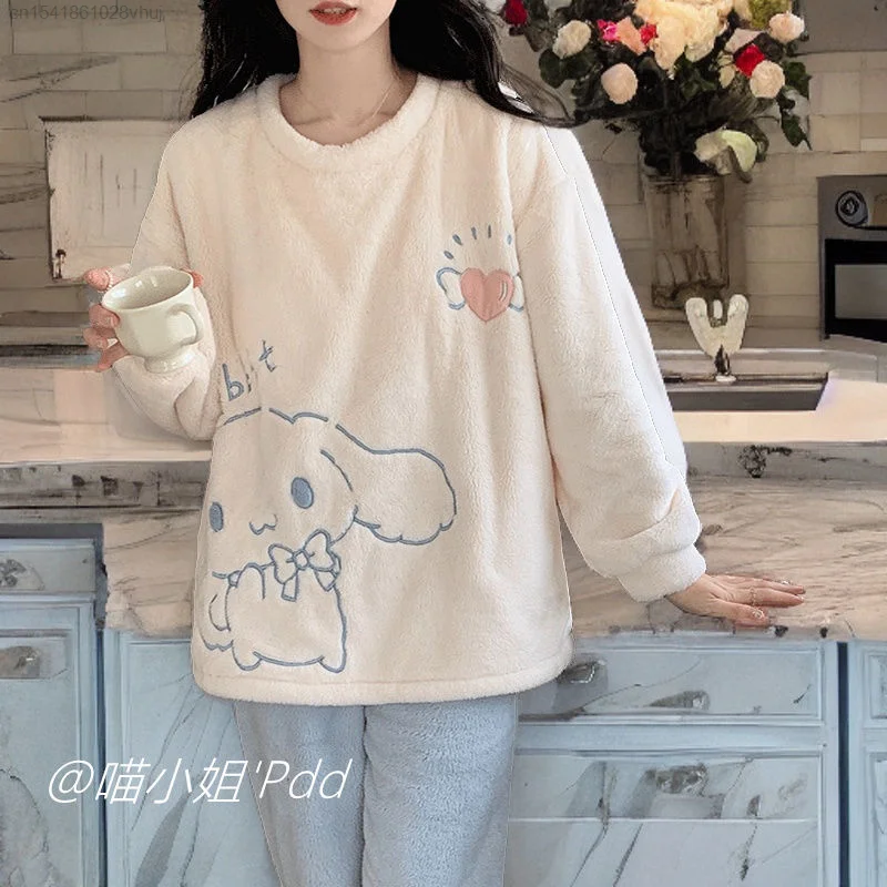 Sanrio Cinnamoroll New Flannel Set With Chest Cushion Pajamas Disney Stitch Cute Coral Plush Home Fur Pyjama Set Sleepwear Girls