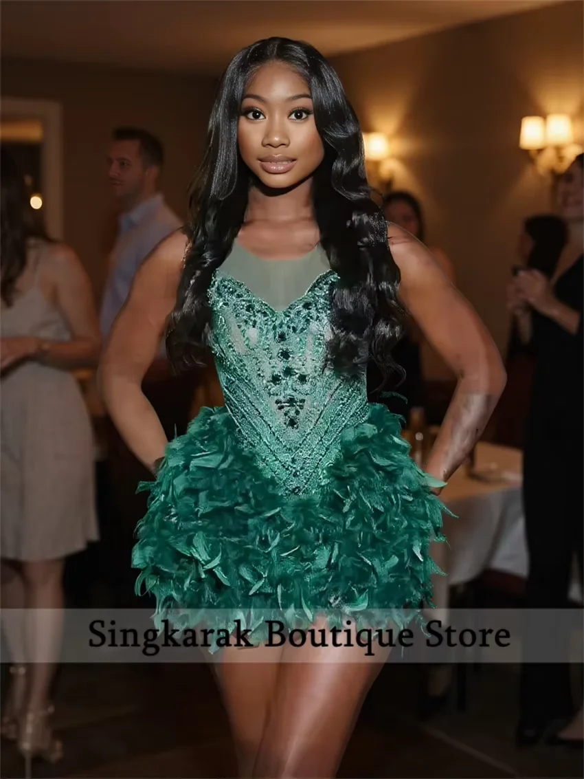 

Sparkly Green Short Prom Dress Glitter Bead Crystal Rhinestones Feathers Cocktail Birthday Party Gown Homecoming Customized