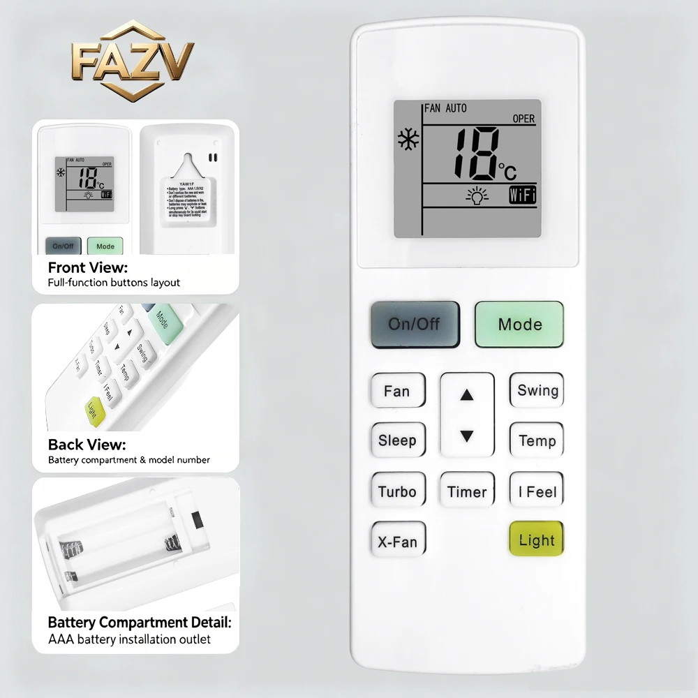 Пульт дистанционного управления FAZV YAW1F с кнопкой Wi-Fi для кондиционеров GREE Montana Daitsu Hiyasu Sinclair Royal Clima, заменяет YAW1F1/YAW1F4/YAW1F9. ℉ / ℃   Свитч