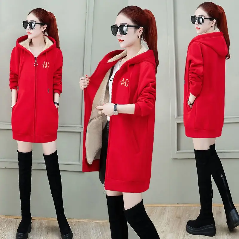 Women\'s Cashmere Hoodie Autumn Winter Mid Length Thick Coat 2024 New Loose Cardigan Hooded Warm Jacket Trendy Clothes For Women