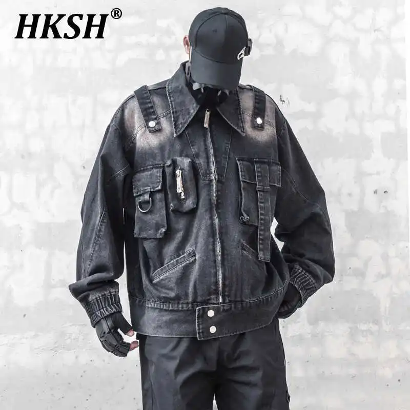 

HKSH Waste Land Retro Silhouette Three-dimensional Pocket High Street Denim Jackets Tactical Loose Safari Style Chic Coat HK2538