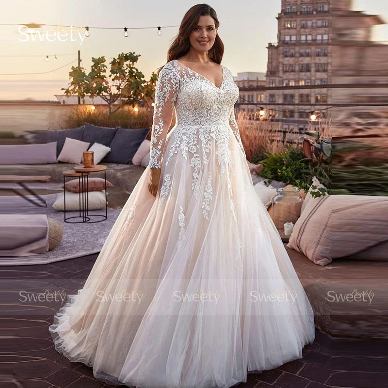 Sweety gaun pernikahan elegan A-Line, gaun Organza dengan bordir, Gaun bola leher V lengan penuh, gaun pengantin kancing belakang