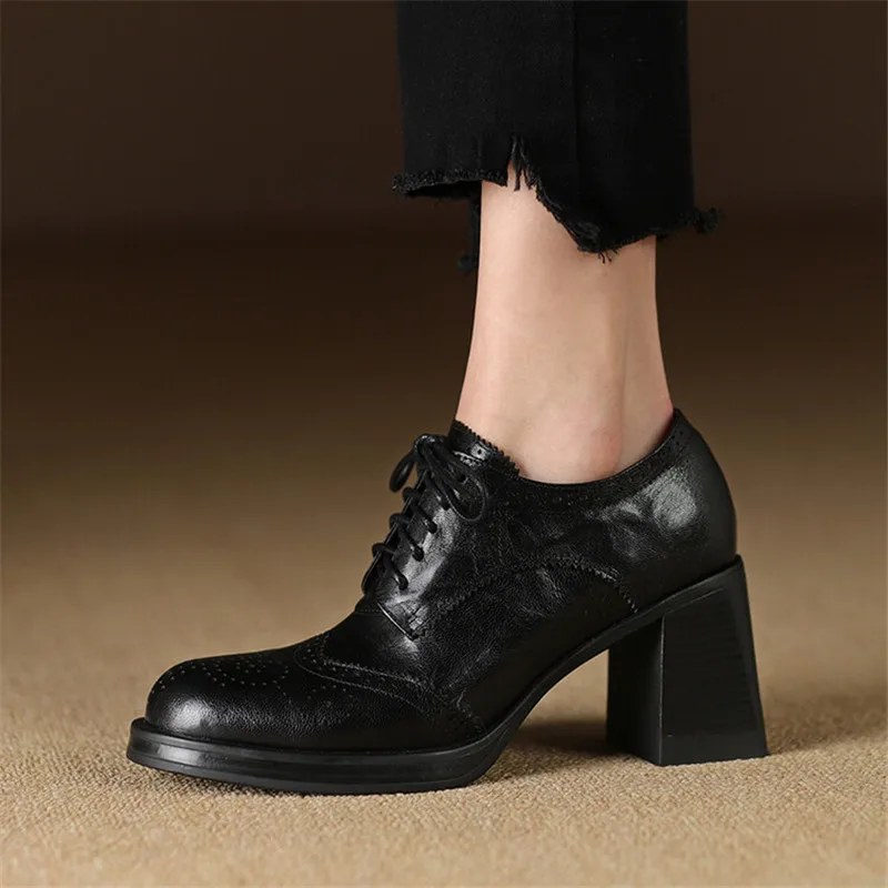 New Spring Genuine Leather Women Shoes Round Toe Women Pumps Brogue Designs Shoes for Women High Heel Lace Loafers Ladies Shoes