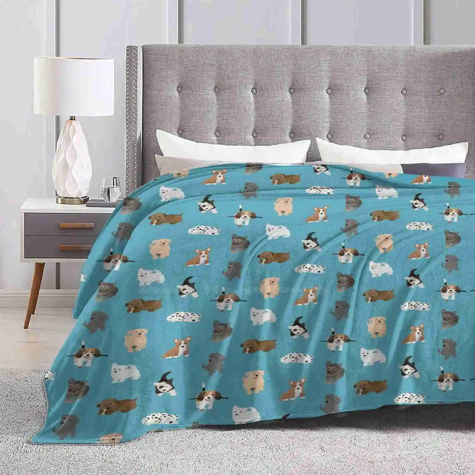 Puppies ( Blue ) Hot Sale Printing High Qiality Warm Flannel Blanket Dogs Pups Puppies Animals Puppy Pattern Nature Wildlife