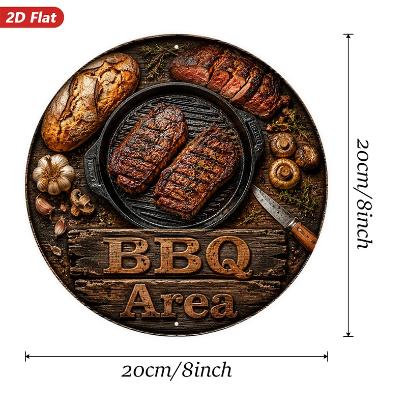 2D Flat, 1pc Rustic Bbq Kitchen Round Metal Sign Wall Art, BBQ Area Sign Text, Grilled Steak Skillet, Crusty Bread Loaf, Mushroo