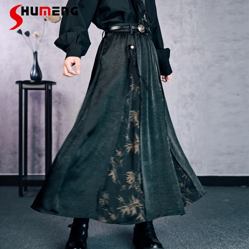 Style National Patchwork bambou motif imprimé taille haute minceur gland noir jupe longue pour les jupes décontractées chinoises pour les femmes