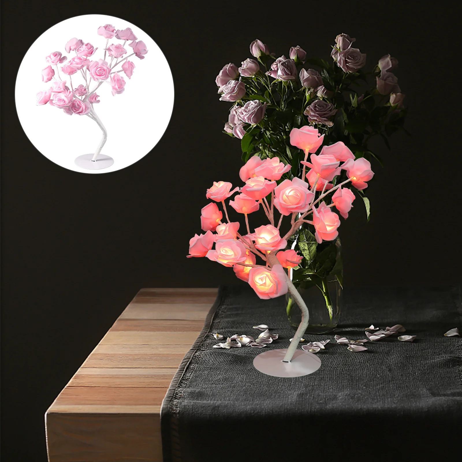

LED Rose Flower Tree Night Lamp 7Cm PVC Desktop Decor Romantic Bedroom Light Small Tree Shape Lamp for Home Hotel Party