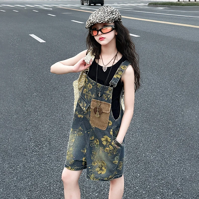Summer Kids Child Vintage Blue Floral Denim Overalls Shorts for Teenage Girls Flower Print Jeans Short Jumpsuit 5 6 8 10 12 14 T view 6
