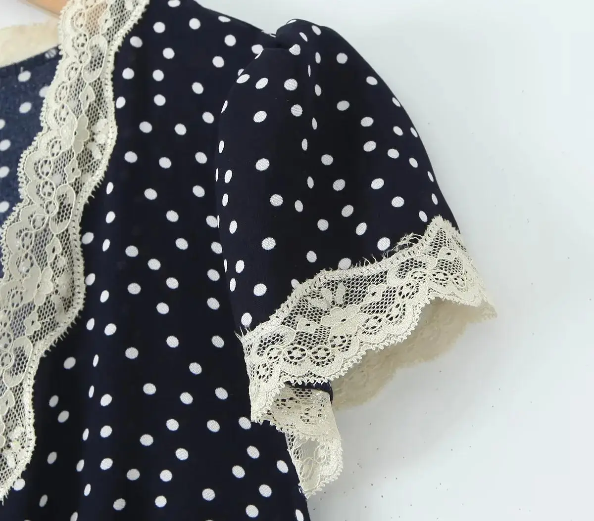 Women Lace V-neck Midi Dress Summer Short Sleeve Dark Blue Dot Dresses