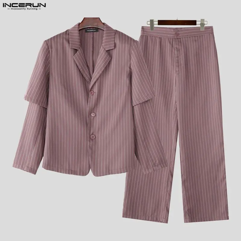 INCERUN 남성 스트라이프 세트 라펠 긴 소매 블레이저 & 바지 두 조각 세트 스트리트웨어 우아한 패션 캐주얼 남성 캐주얼 정장