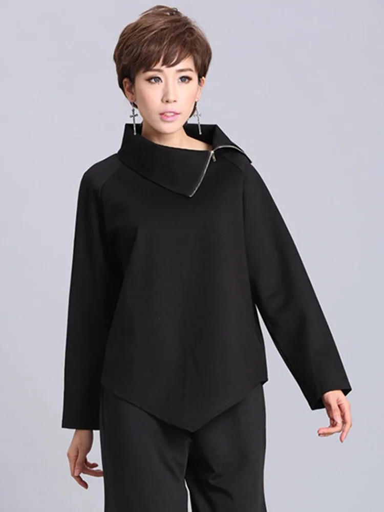 [EAM] Women Black Zipper Irregular Big Size Casual T-shirt New Turtleneck Long Sleeve Fashion Tide Spring Autumn 2024 OA882