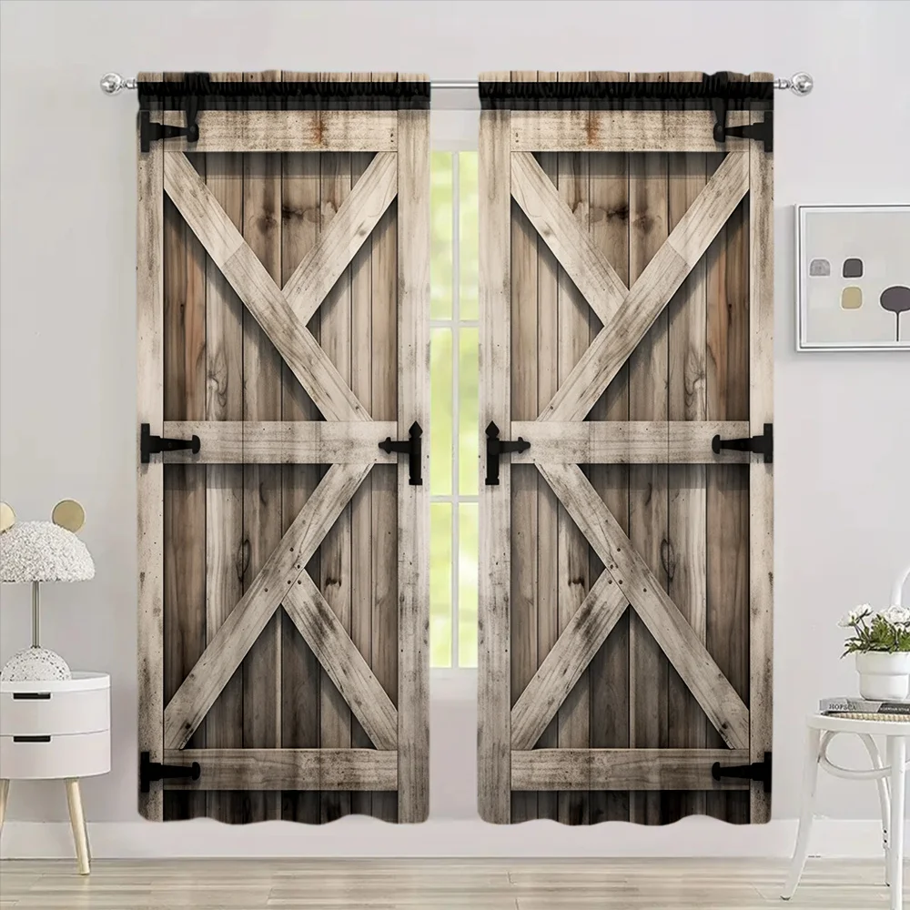 2pcs Wooden Door Shabby Retro Decor Curtains 3D Digital Printed Curtains For Living Room Office Home Decor 2024 New Fashion