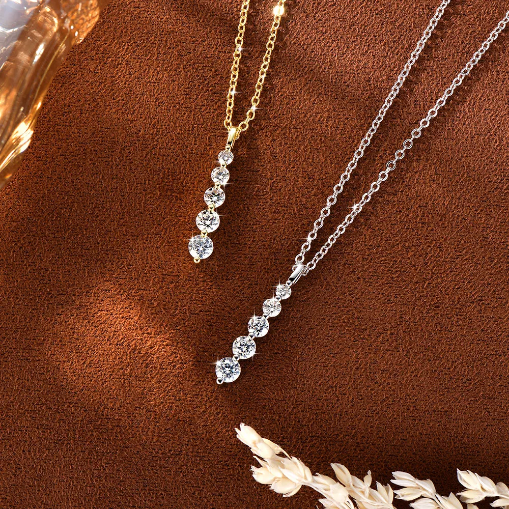 Abestecom Vertical Graduated Moissanite Pendant Necklace 14K Gold Plated D Color VVS1 Linear Drop Pendant Dainty Chain Jewelry