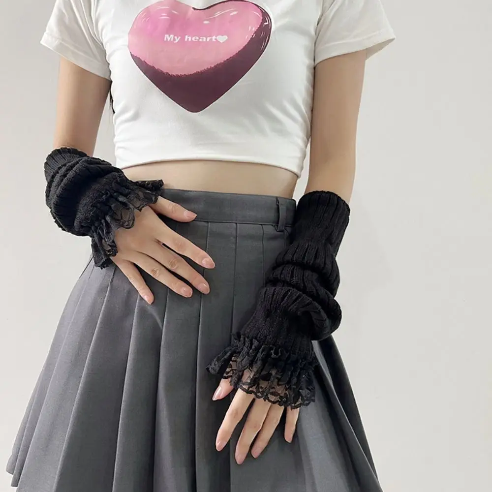 الموضة اليابانية نمط Y2K الدانتيل طويلة الأكمام Harajuku الشرير JK لوليتا أكمام أذرع تبريد الحلو القوطية قفازات محبوكة الفتيات