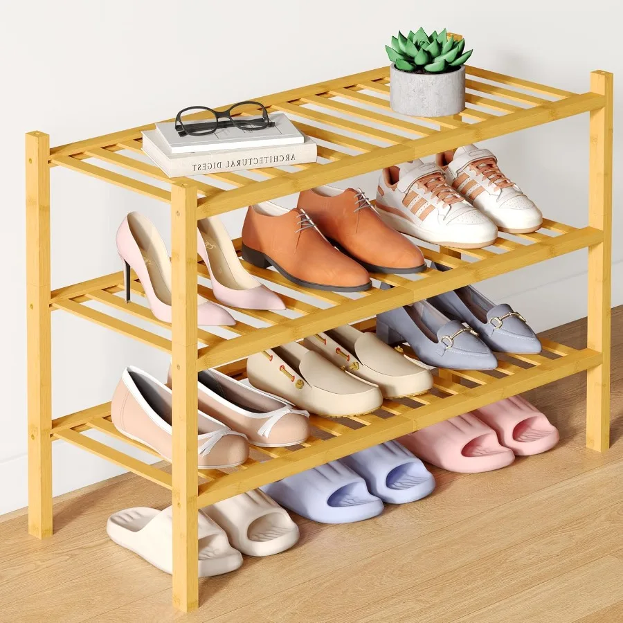 

Bamboo Shoe Rack for Closet 3 Tier Wooden Stackable Shoe Organizer Free Standing Shoes Storage Shelf for Entryway Front Door En
