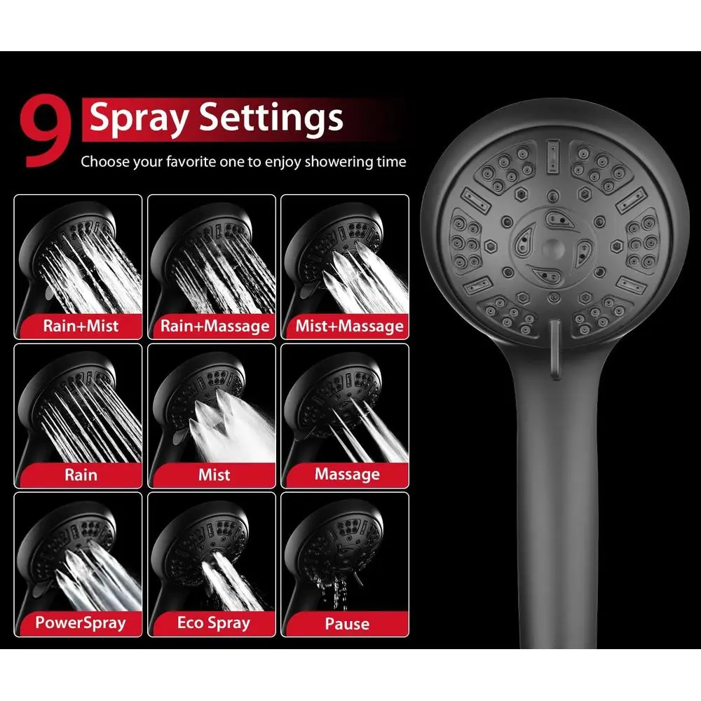 Combo de cabezal de ducha de alta presión de 2,5 GPM con rociador de mano, lluvia de 9 modos, boquillas antiobstrucción y manguera - Negro