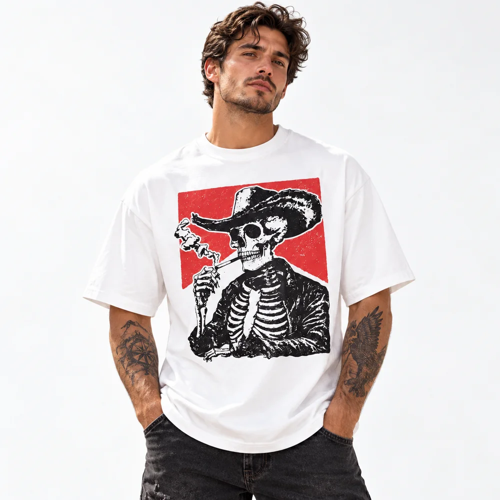 Men's Oversized Cotton Cowboy Skull Graphic T-Shirt Crew Neck Short Sleeve Streetwear Tee