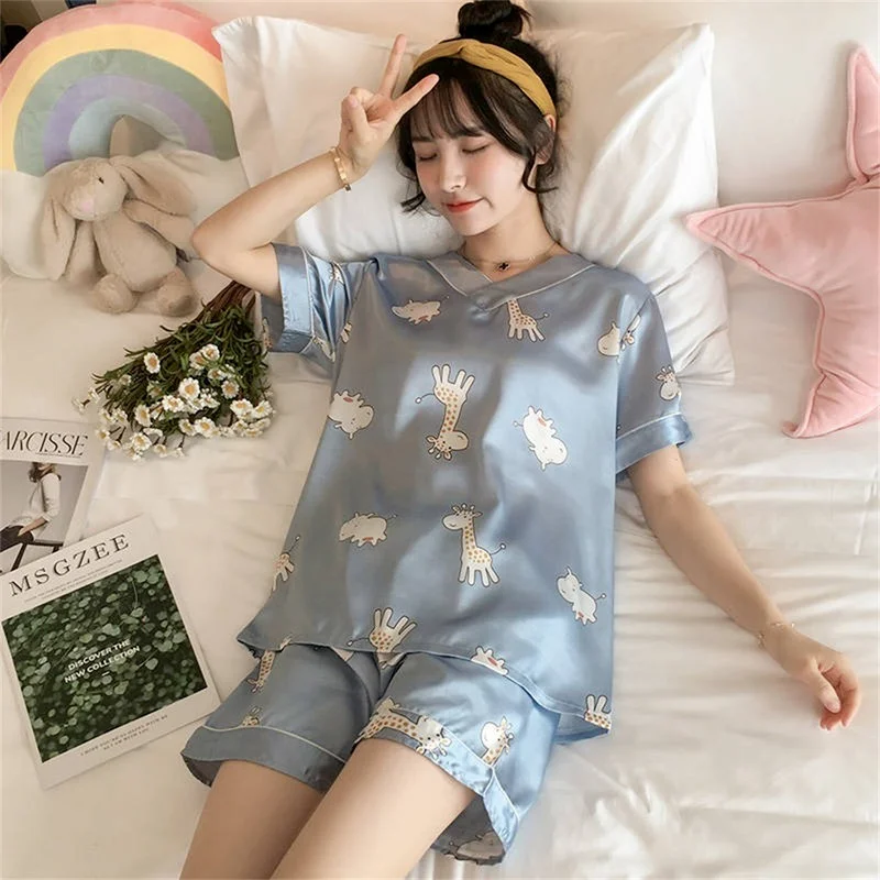 Pajamas Women Summer Thin Section V-neck Imitation Silk Ice Silk Short-sleeved Sleepwear Ladies Home Service 2-piece Pajamas