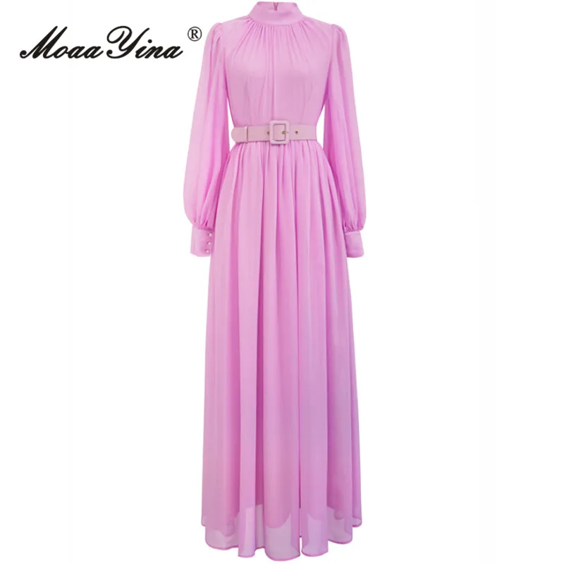 MoaaYina Spring Fashion Runway Violet Vintage Dress Women Stand Collar Long Sleeve Sashes Gathered Waist Slim Pleated Long Dress