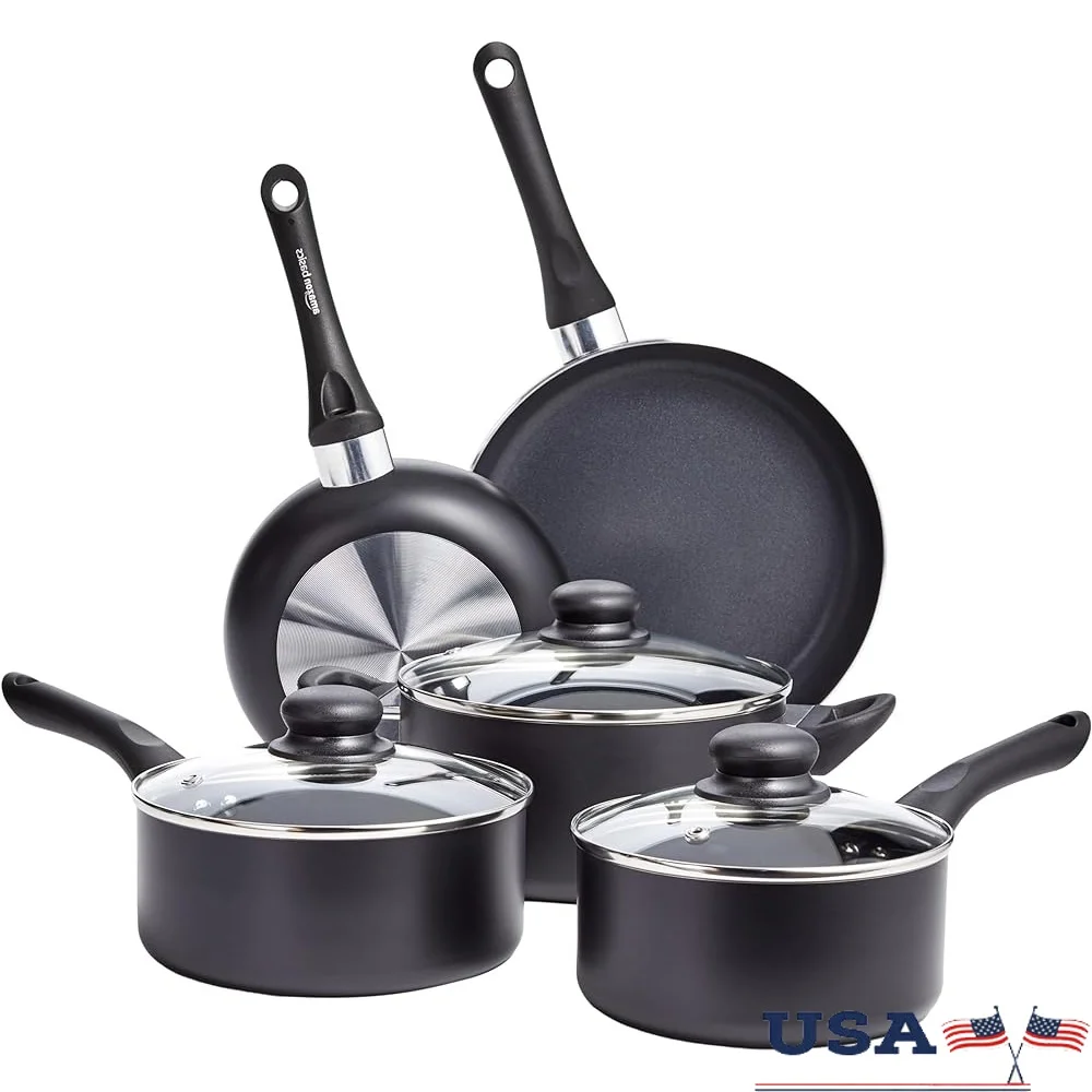 

Non Stick Cookware Set 8 Piece Non-Induction Pots Pans Kitchen Cooking Soft Touch Handles Even Heat Distribution Easy Clean