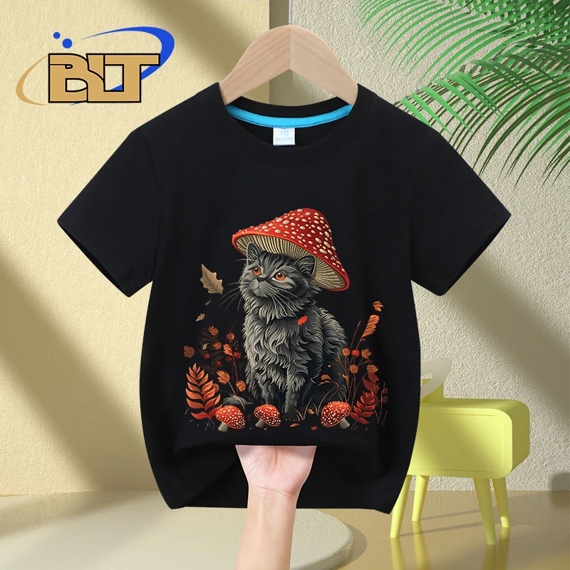 

Mushroom cat print children's clothing summer kids T-shirt pure cotton short-sleeved casual tops boys and girls gifts