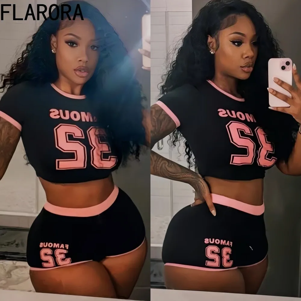 

FLARORA Fashion Letter Print Sporty 2 Piece Set Woman Round Neck Slim Crop Tops And Shorts Outfits Casual Streetwear Tracksuits