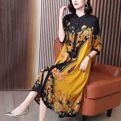 Elegant Vintage Floral Printed Midi Dress Spring Summer Stylish Single-breasted Women's Clothing Casual O-Neck Straight Dresses